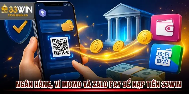 Sử dụng ngân hàng, ví Momo, Zalopay hoặc ví USDT để nạp tiền 33win